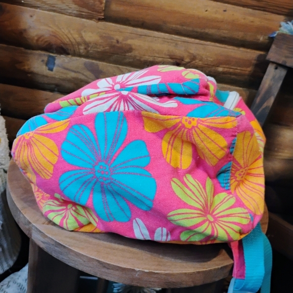 Vintage OP Bright Flowers Backpack Canvas Pink Blue Orange Happy Floral - Picture 5 of 10
